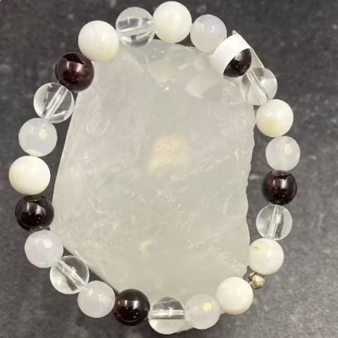 Clear Quartz + Aura Rainbow Moonstone + Garnet Crystal Stretch Bracelet