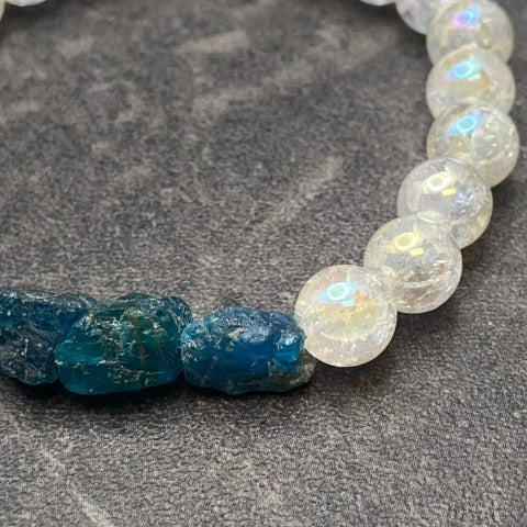 Clear Crackle Quartz & Raw Blue Apatite Crystal Stretch Bracelet