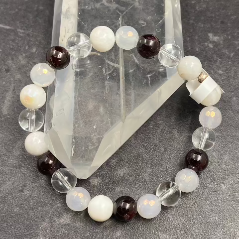 Clear Quartz + Aura Rainbow Moonstone + Garnet Crystal Stretch Bracelet