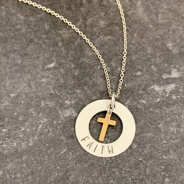 "Faith" & Gold Cross Necklace