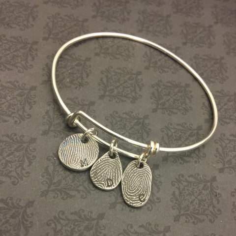 Bangle Bracelet with Dainty Fingerprint charms - Adjustable Bangle Bracelet