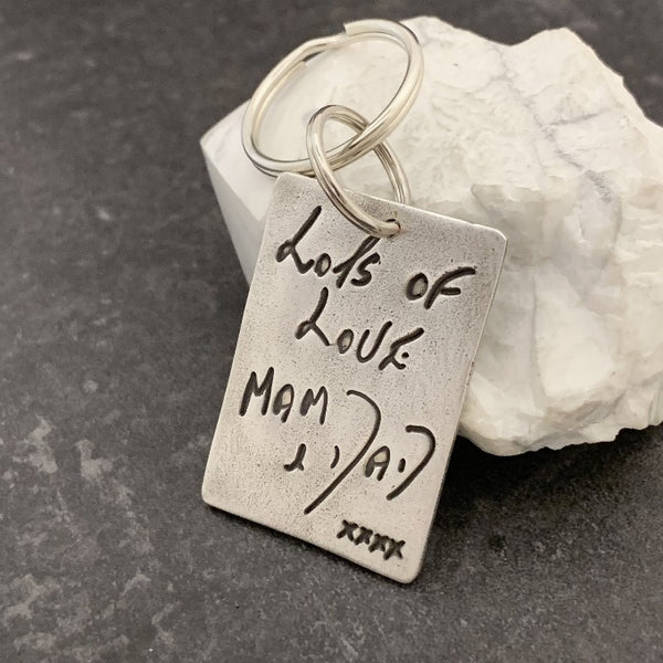 Fine Silver Rectangle Handwriting Keychain