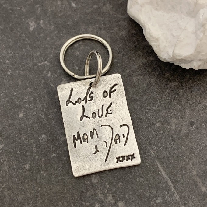 Fine Silver Rectangle Handwriting Keychain
