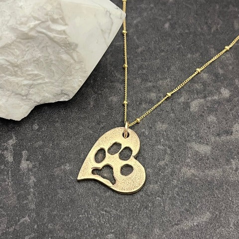 Asymmetrical Bronze Heart with Pet Paw Print Necklace
