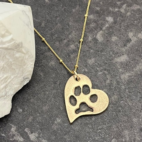 Asymmetrical Bronze Heart with Pet Paw Print Necklace