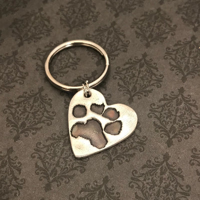 Personalised Pawprint Heart Leather Keyring  Your Pet's own Paw Print -  Hold upon Heart