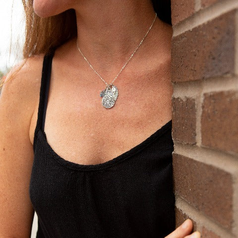 Teardrop Fingerprint Necklace with Wing Charm and Birthstone