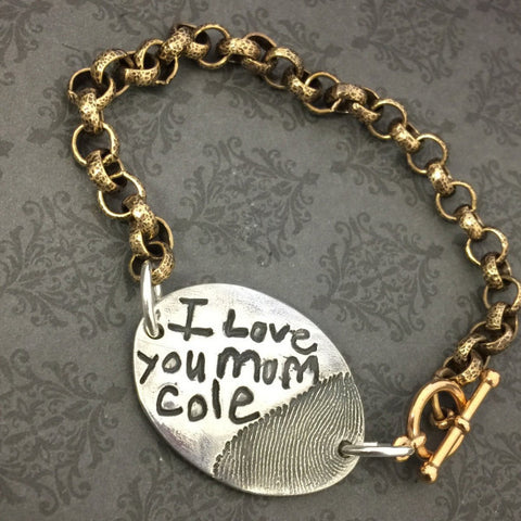 Handwriting and Fingerprint Bracelet with Brass Chain