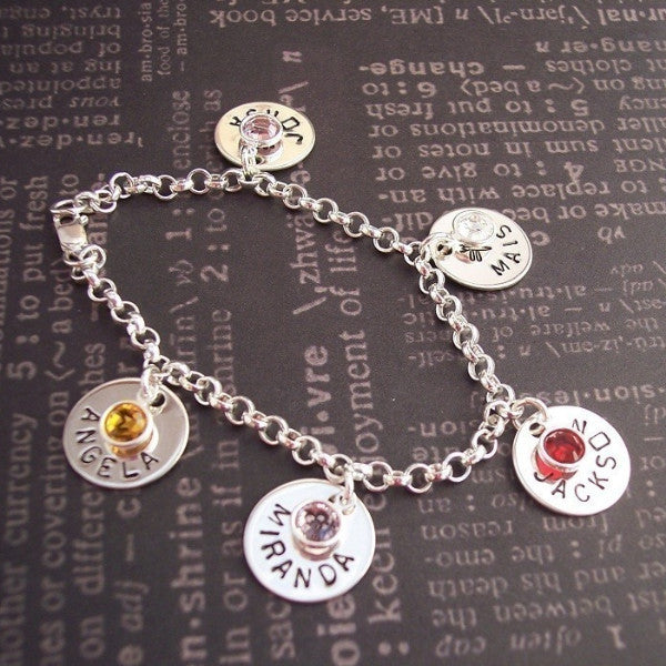 Hand Stamped Names and Birthstones Charm Bracelet