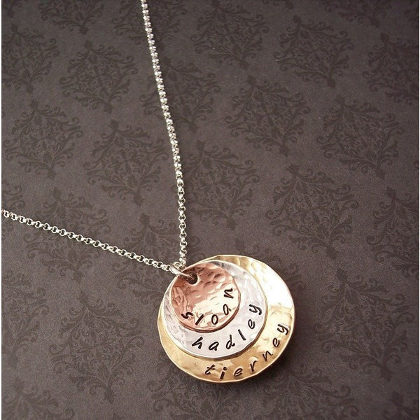 Domed Triple Stack necklace in copper, silver and brass