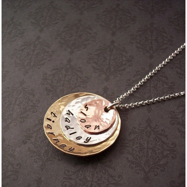 Domed Triple Stack necklace in copper, silver and brass