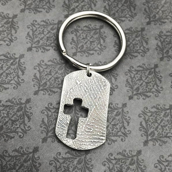 Dogtag Fingerprint or Handwriting Keychain - Optional Cross Cutout