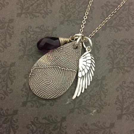 Teardrop Fingerprint Necklace with Wing Charm and Birthstone