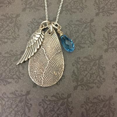 Teardrop Fingerprint Necklace with Wing Charm and Birthstone