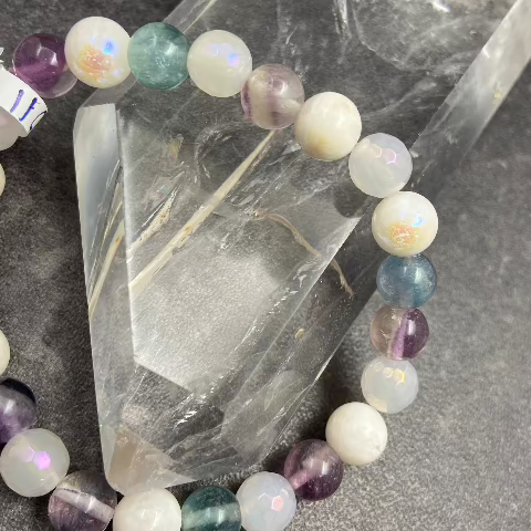 Fluorite, Aura Moonstone, and Aura Quartz Crystal Stretch Bracelet