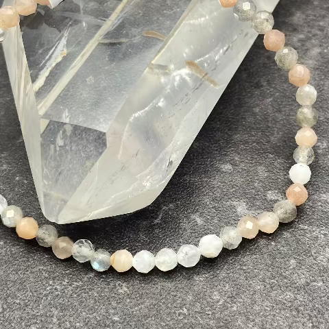 Peach, Gray, and Rainbow Moonstone Crystal Stretch Bracelet