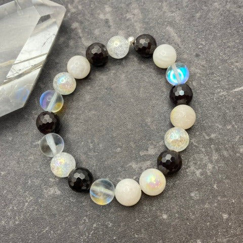 Clear Quartz Crackle + Aura Rainbow Moonstone + Garnet Crystal Stretch Bracelet