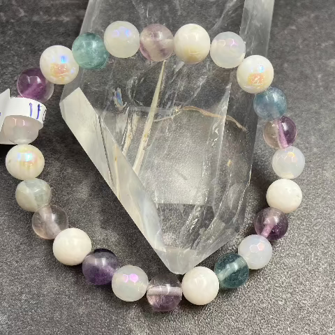 Fluorite, Aura Moonstone, and Aura Quartz Crystal Stretch Bracelet