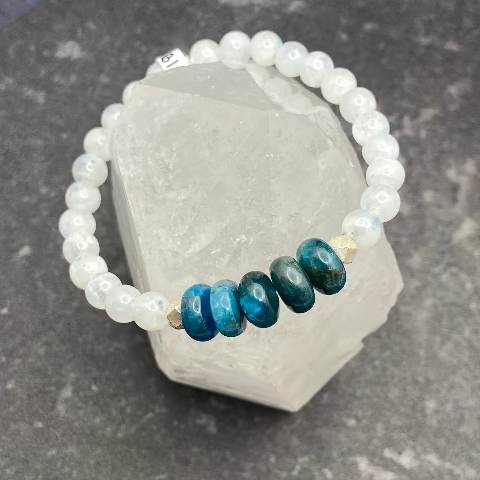 Blue Apatite and Rainbow Moonstone Crystal Stretch Bracelet