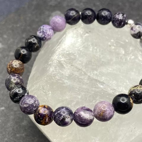 Purple Black Lepidolite Crystal Stretch Bracelet