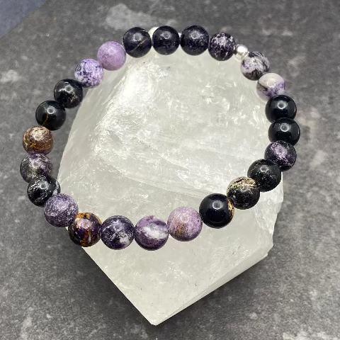 Purple Black Lepidolite Crystal Stretch Bracelet