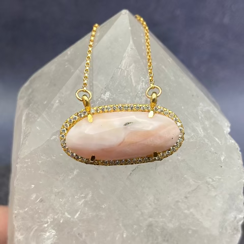 Pink Peruvian Opal with CZ border Necklace