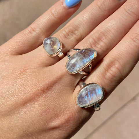 Rainbow Moonstone Rose Cut Ring