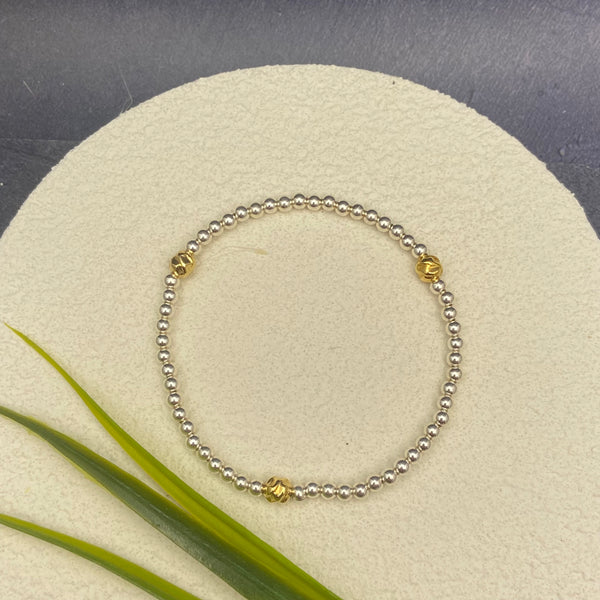 Sterling Silver 3mm Beaded Bracelet + 3 Gold-Filled Accent Beads