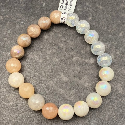 Clear Quartz Crackle + Rainbow Moonstone + Pink Aventurine + Peach Moonstone Crystal Stretch Bracelet