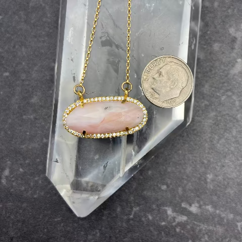 Pink Peruvian Opal with CZ border Necklace
