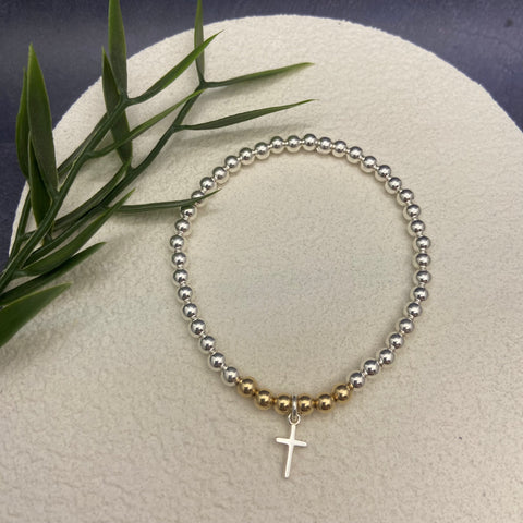 Sterling Silver Beaded Bracelet with Cross