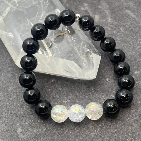 Black Onyx + Clear Crackle Quartz Crystal Stretch Bracelet