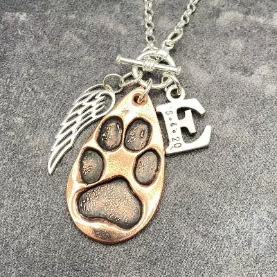 Teardrop, Wing Charm and Initial Paw Print or Nose Print Necklace