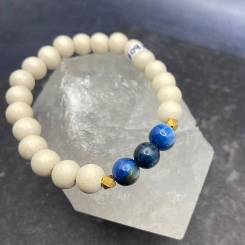 Blue Tigers Eye & Wood Crystal Stretch Bracelet