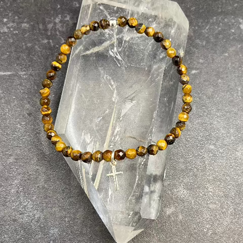 Tigers Eye Crystal Stretch Bracelet with Cross Charm
