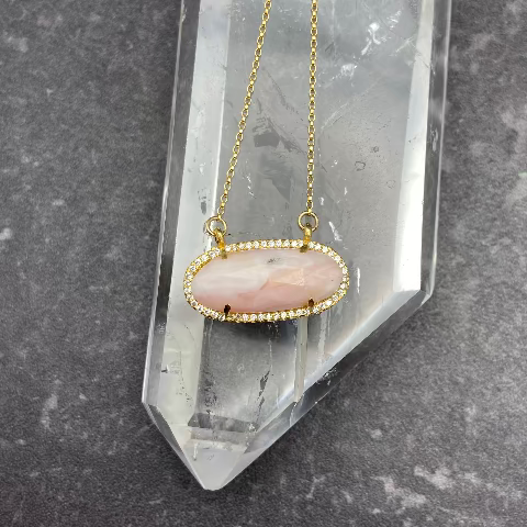 Pink Peruvian Opal with CZ border Necklace