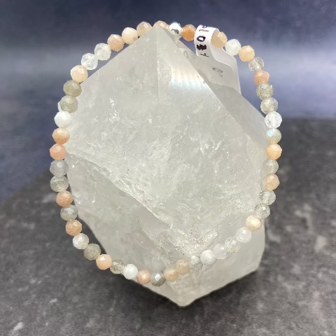 Peach, Gray, and Rainbow Moonstone Crystal Stretch Bracelet
