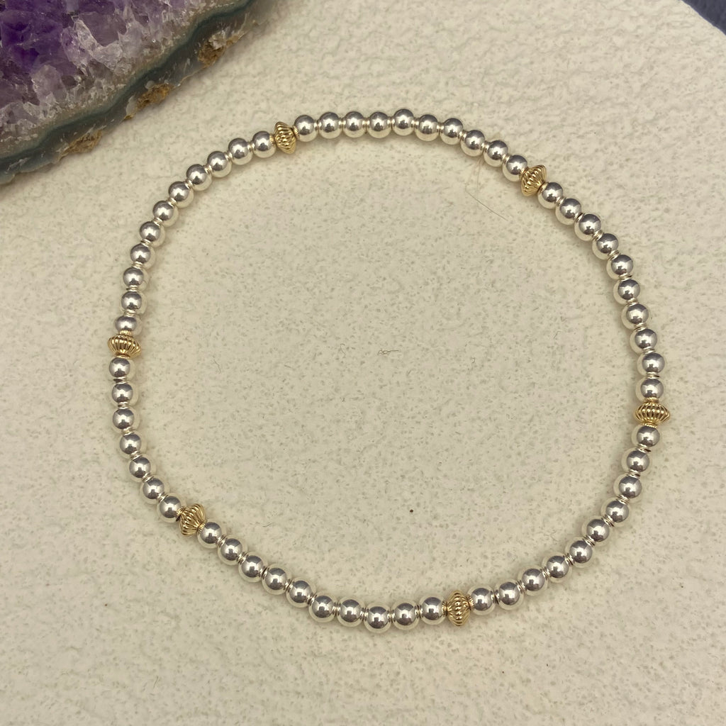 Sterling Silver 3mm Beaded Bracelet with Gold-Filled Starburst Beads