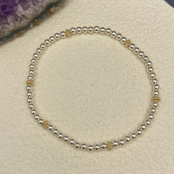 Sterling Silver 3mm Beaded Bracelet with Gold-Filled Starburst Beads
