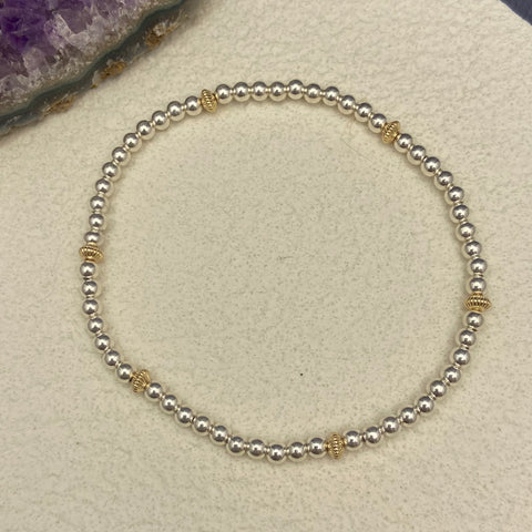 Sterling Silver 3mm Beaded Bracelet with Gold-Filled Starburst Beads