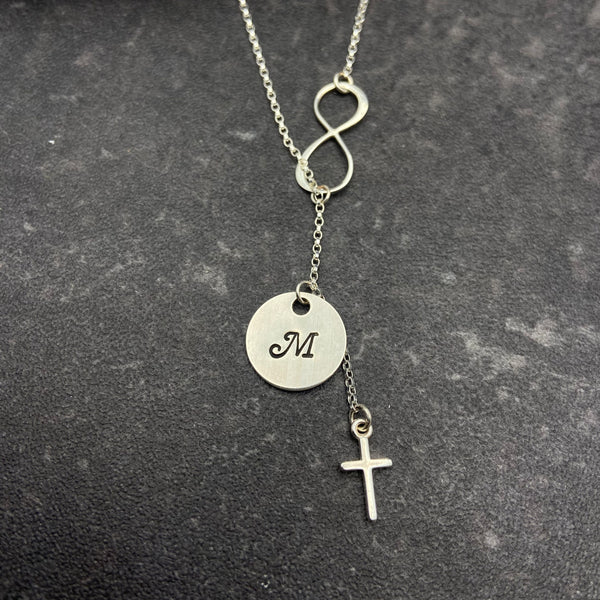 Infinity Necklace with Cross and Initial
