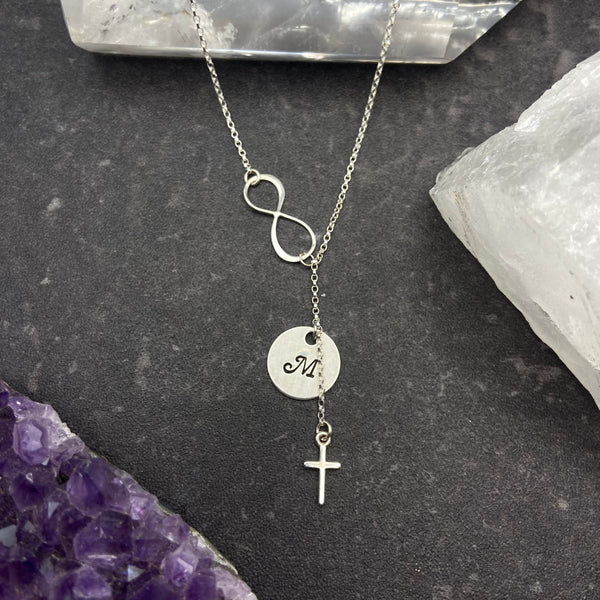Infinity Necklace with Cross and Initial