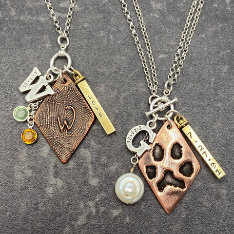 Copper Diamond, Bar, Initial, and Pearl/Birthstone Necklace