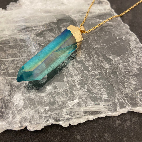 Aura Treated Aquamarine Gold Leafed Point Necklace