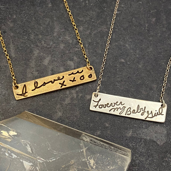Handwriting Bar Necklace - Silver or Gold/Bronze