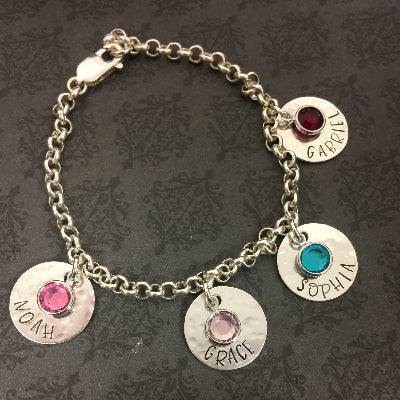 Hand Stamped Names and Birthstones Charm Bracelet