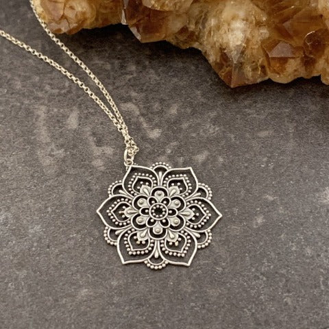 Sterling Silver Lotus Mandala Necklace