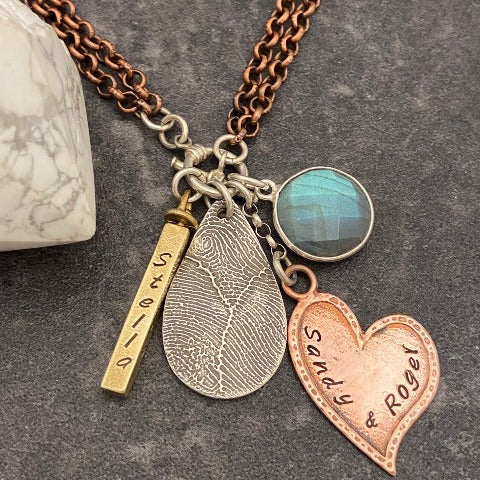 Teardrop Print Necklace with Crystal, Heart & Bar