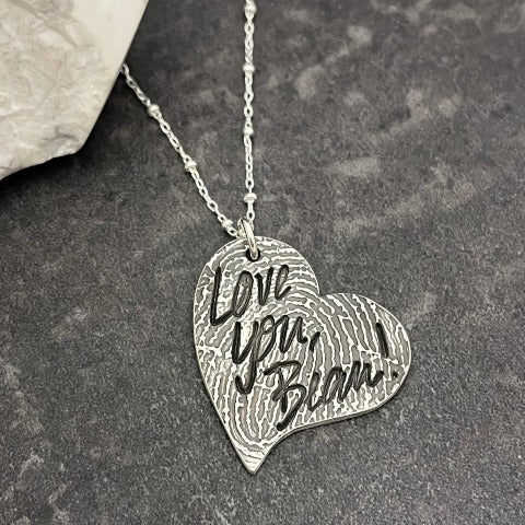 Silver Asymmetrical Heart Necklace with Print & Writing