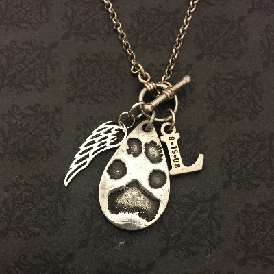 Teardrop, Wing Charm and Initial Paw Print or Nose Print Necklace